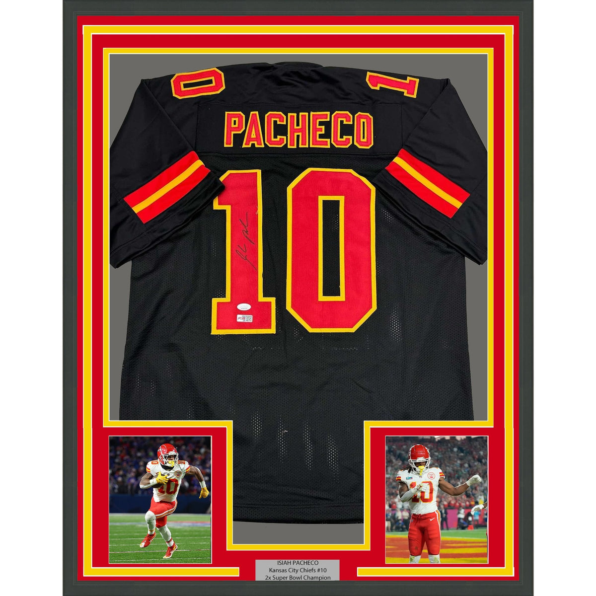Framed Autographed/Signed Isiah Pacheco 35x39 Kansas City Black Football Jersey JSA COA