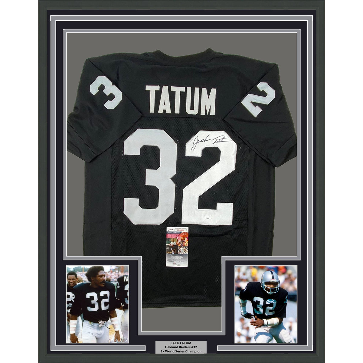 Framed Autographed/Signed Jack Tatum 35x39 Oakland Black Football Jersey JSA COA #2