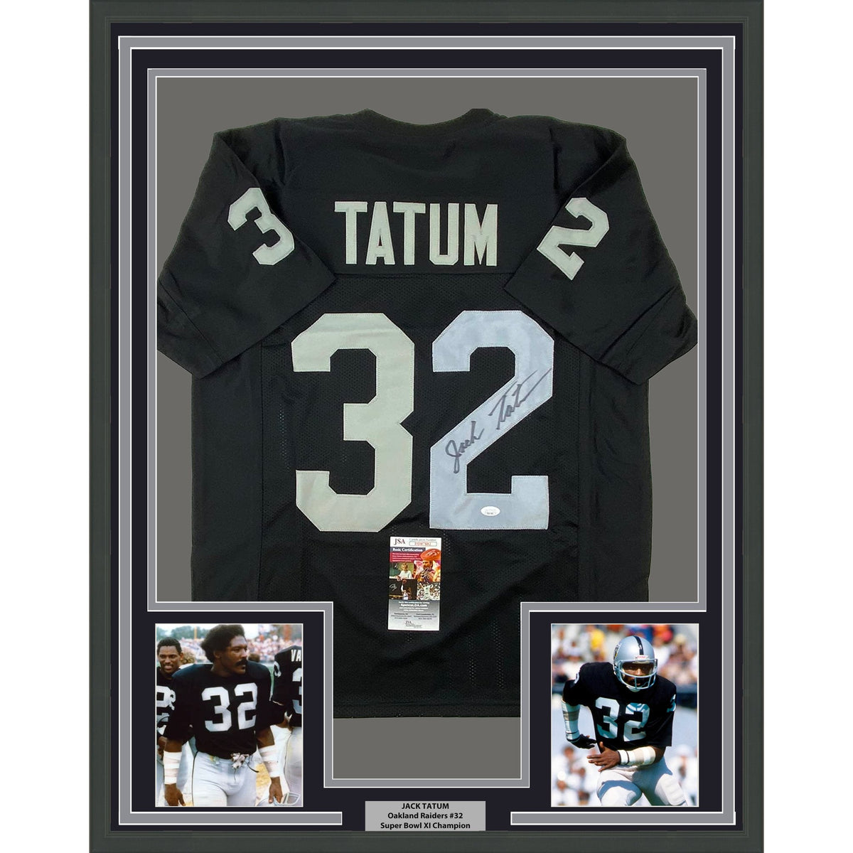 Framed Autographed/Signed Jack Tatum 35x39 Oakland Black Football Jersey JSA COA #1