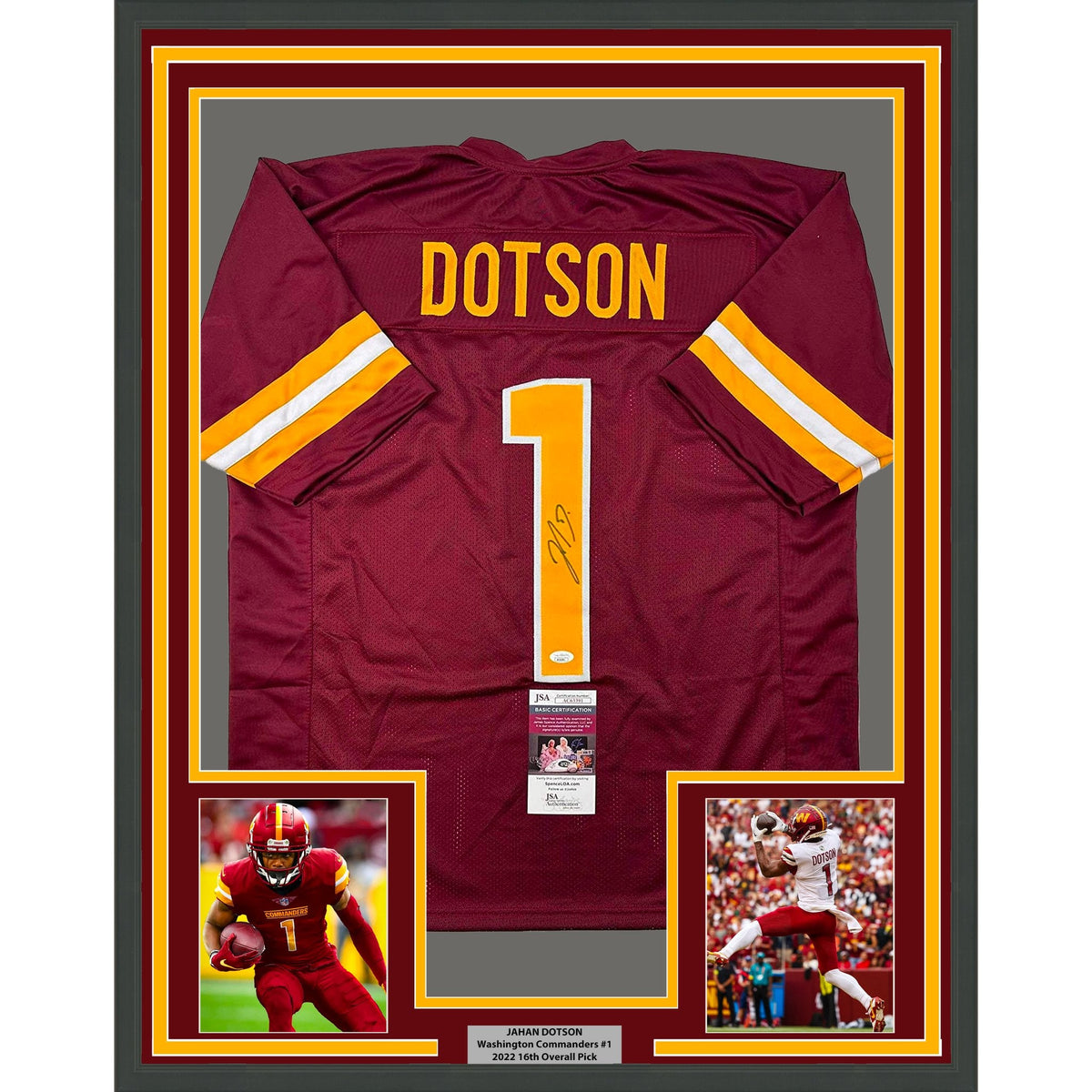 Framed Autographed/Signed Jahan Dotson 35x39 Washington Burgundy Football Jersey JSA COA