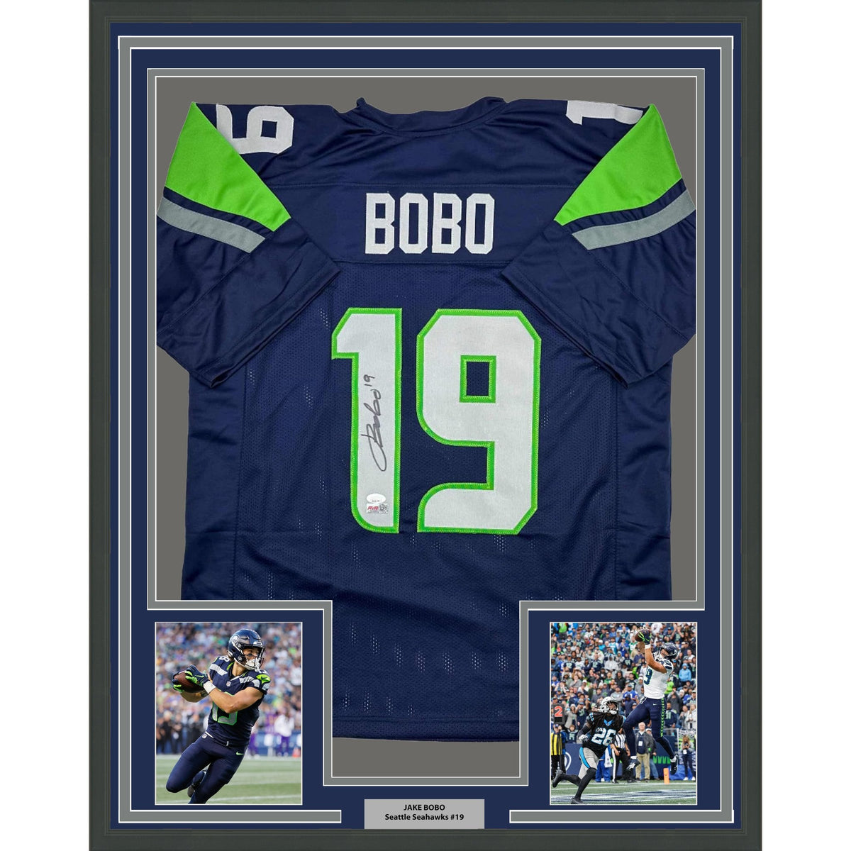 Framed Autographed/Signed Jake Bobo 35x39 Seattle Blue Football Jersey JSA COA