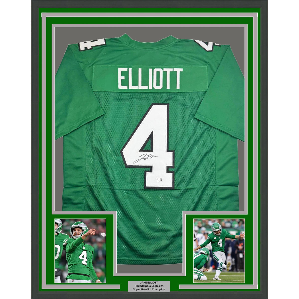 Framed Autographed/Signed Jake Elliott 35x39 Philadelphia Kelly Green Football Jersey Beckett BAS COA