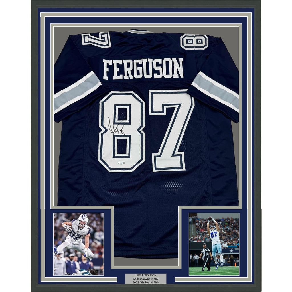 Framed Autographed/Signed Jake Ferguson 35x39 Dallas Blue Football Jersey Beckett BAS COA