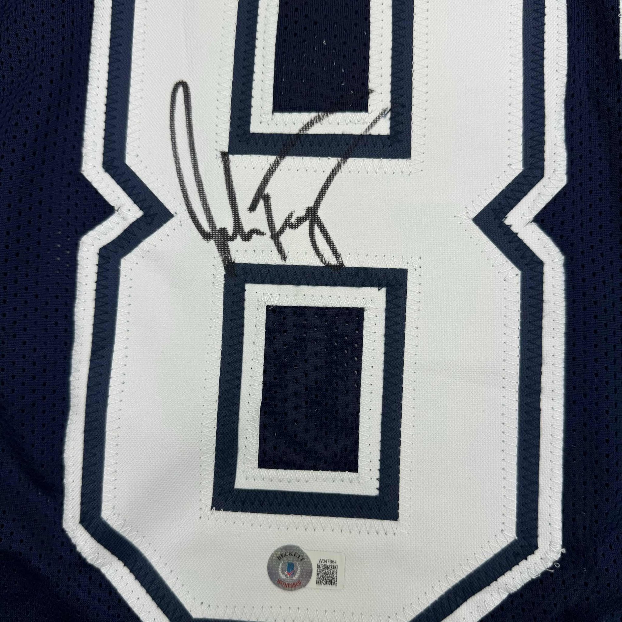 Framed Autographed/Signed Jake Ferguson 35x39 Dallas Blue Football Jersey Beckett BAS COA
