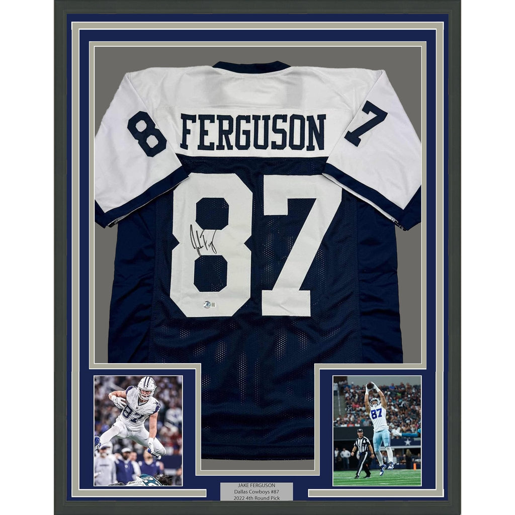 Framed Autographed/Signed Jake Ferguson 35x39 Dallas Thanksgiving Football Jersey Beckett BAS COA