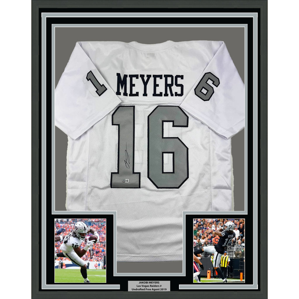 Framed Autographed/Signed Jakobi Meyers 35x39 Las Vegas Oakland White Color Rush Football Jersey Beckett BAS COA