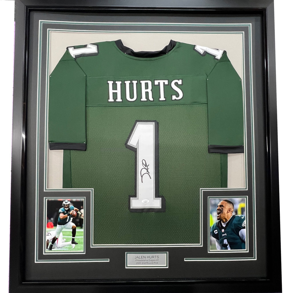 Framed Autographed/Signed Jalen Hurts 35x39 #1 Philadelphia Green Football Jersey JSA COA