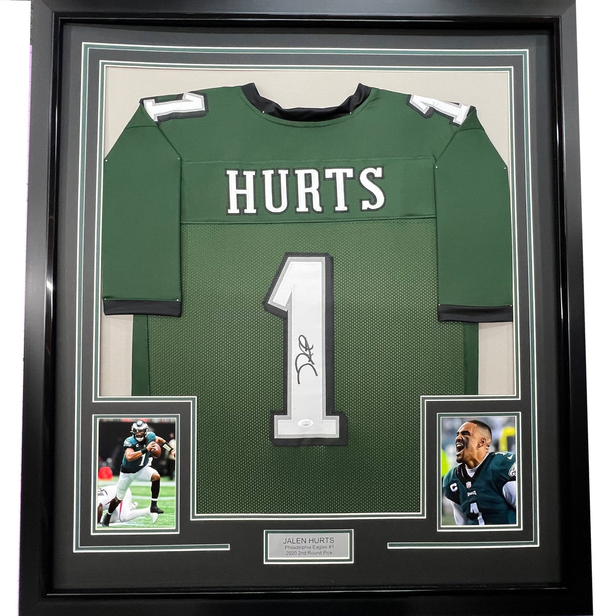 Framed Autographed/Signed Jalen Hurts 35x39 #1 Philadelphia Green Football Jersey JSA COA