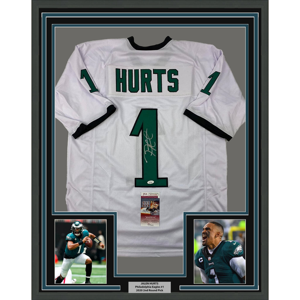 Framed Autographed/Signed Jalen Hurts 35x39 #1 Philadelphia White Football Jersey JSA COA