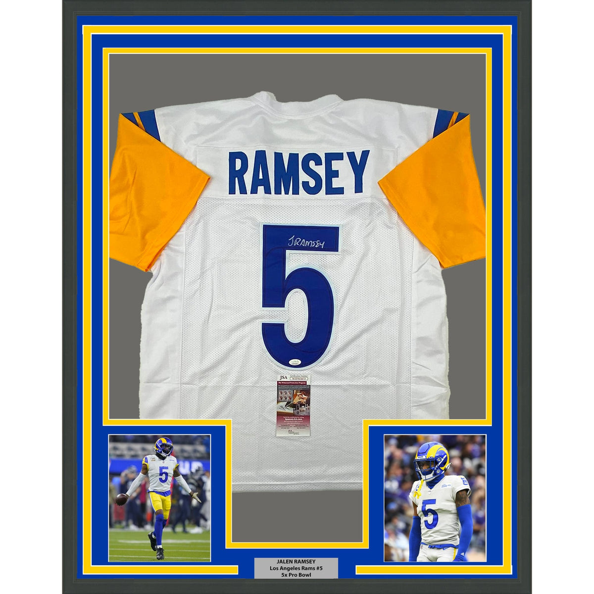 Framed Autographed/Signed Jalen Ramsey 35x39 Los Angeles LA White Football Jersey JSA COA