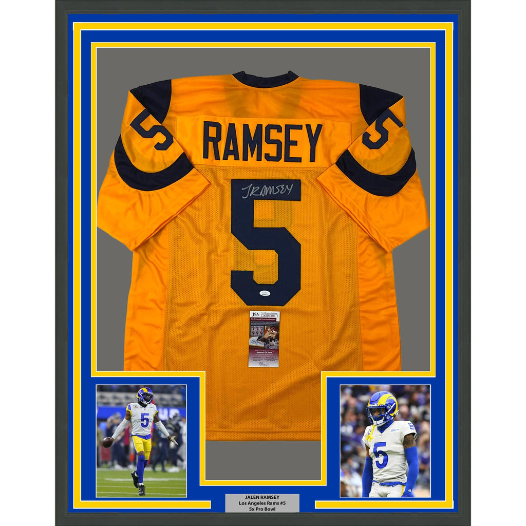 Framed Autographed/Signed Jalen Ramsey 35x39 Los Angeles LA Yellow Color Rush Football Jersey JSA COA