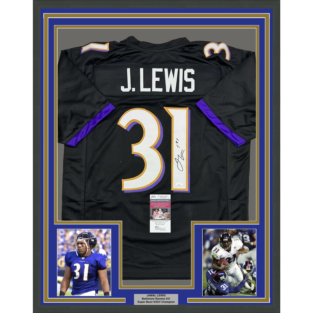 Framed Autographed/Signed Jamal Lewis 35x39 Baltimore Black Football Jersey Beckett BAS COA