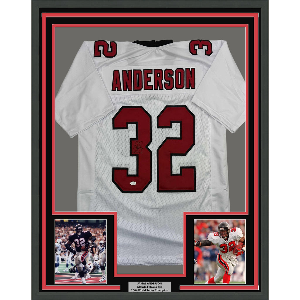 Framed Autographed/Signed Jamal Anderson 35x39 Atlanta White Football Jersey JSA COA