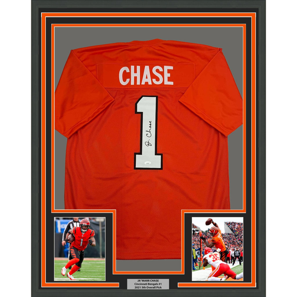Framed Autographed/Signed Ja'Marr Chase 35x39 Cincinnati Orange Football Jersey JSA COA