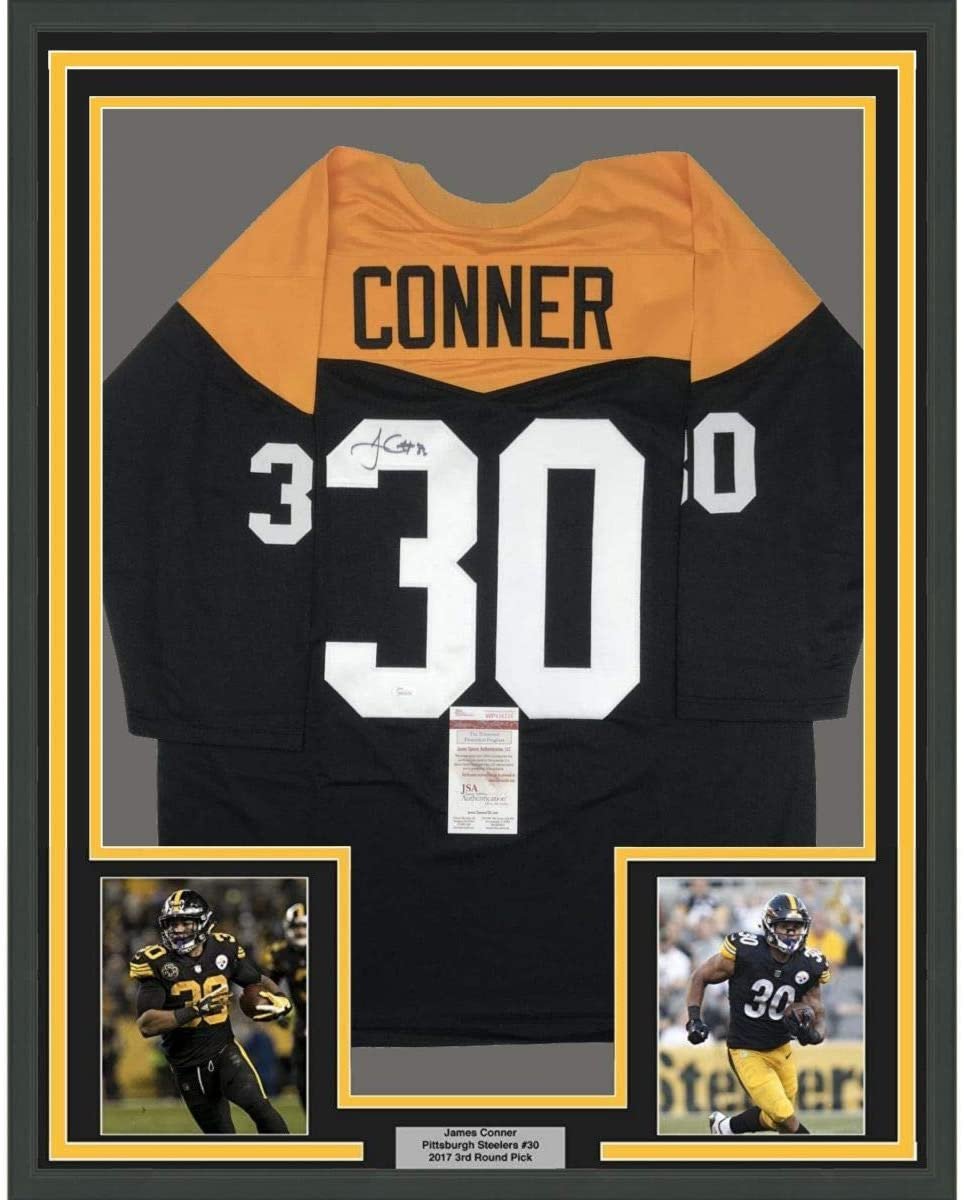 Framed Autographed/Signed James Conner 35x39 Pittsburgh Retro Black Football Jersey JSA COA