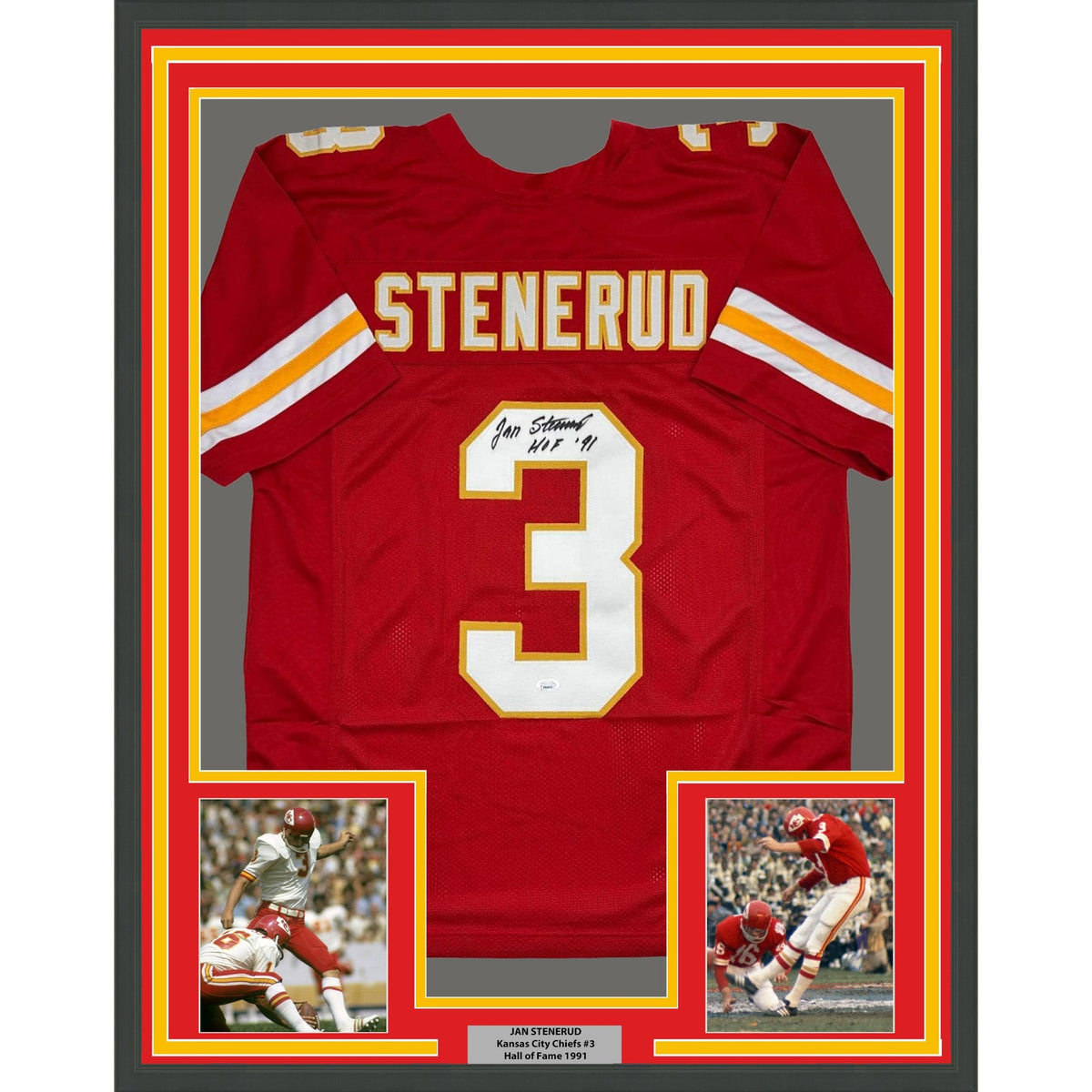 Framed Autographed/Signed Jan Stenerud 35x39 HOF 91 Kansas City Red Football Jersey JSA COA