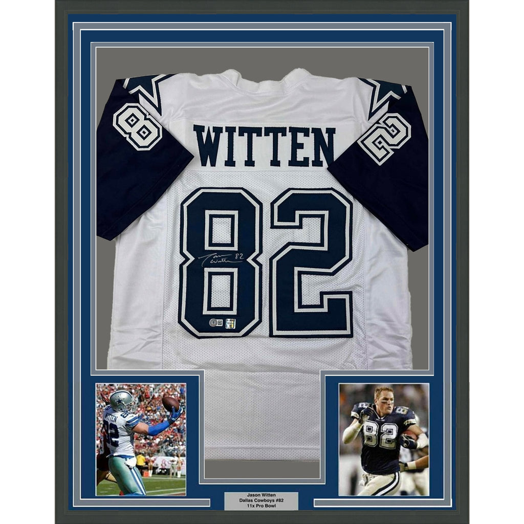 Framed Autographed/Signed Jason Witten 35x39 Dallas White Color Rush Football Jersey Beckett BAS COA