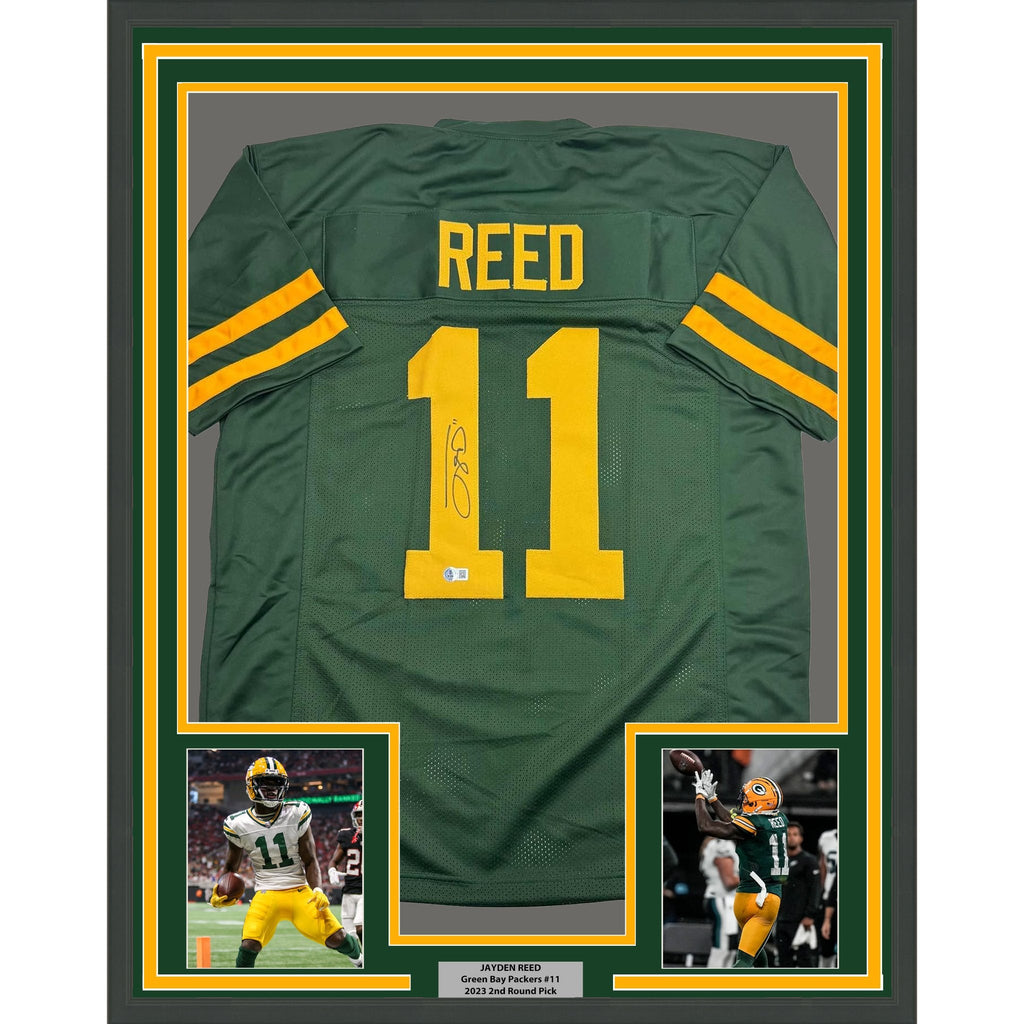Framed Autographed/Signed Jayden Reed 35x39 Green Bay Color Rush Football Jersey Beckett BAS COA