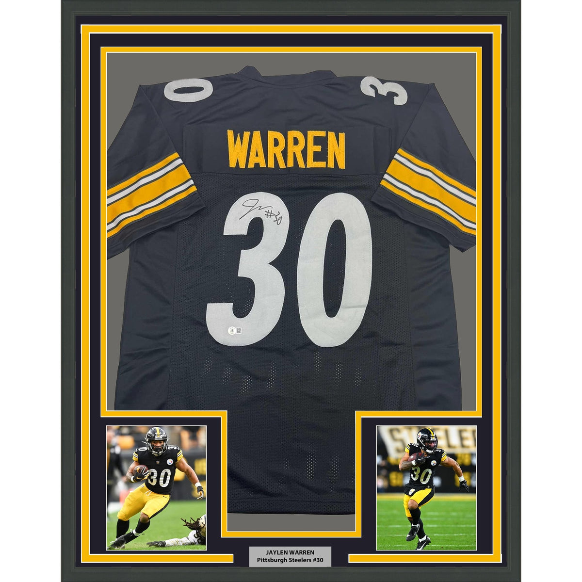 Framed Autographed/Signed Jaylen Warren 35x39 Pittsburgh Black Football Jersey Beckett BAS COA
