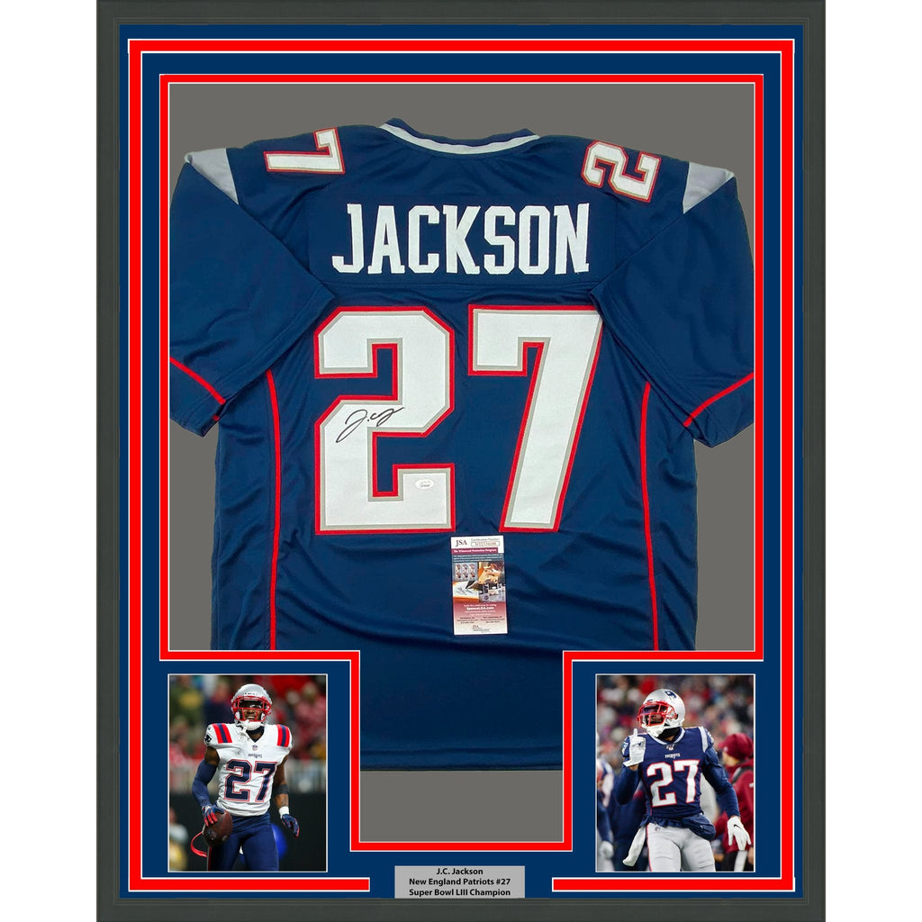 Framed Autographed/Signed JC J.C. Jackson 35x39 New England Blue Football Jersey JSA COA