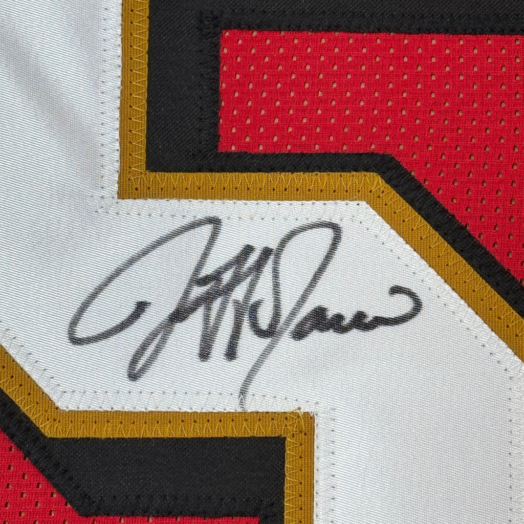 Framed Autographed/Signed Jeff Garcia 35x39 San Francisco Red Football Jersey Beckett BAS COA