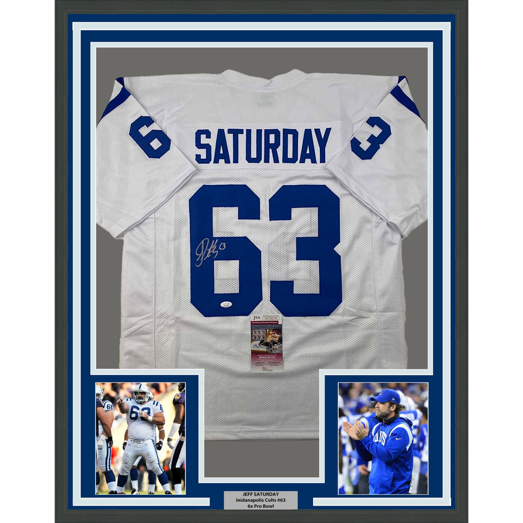 Framed Autographed/Signed Jeff Saturday 35x39 Indianapolis White Football Jersey JSA COA