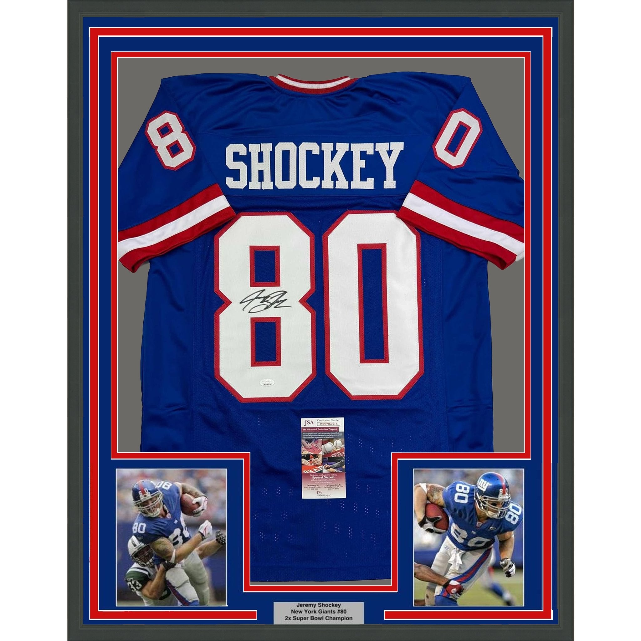 Framed Autographed/Signed Jeremy Shockey 35x39 New York Blue Retro Football Jersey JSA COA #2