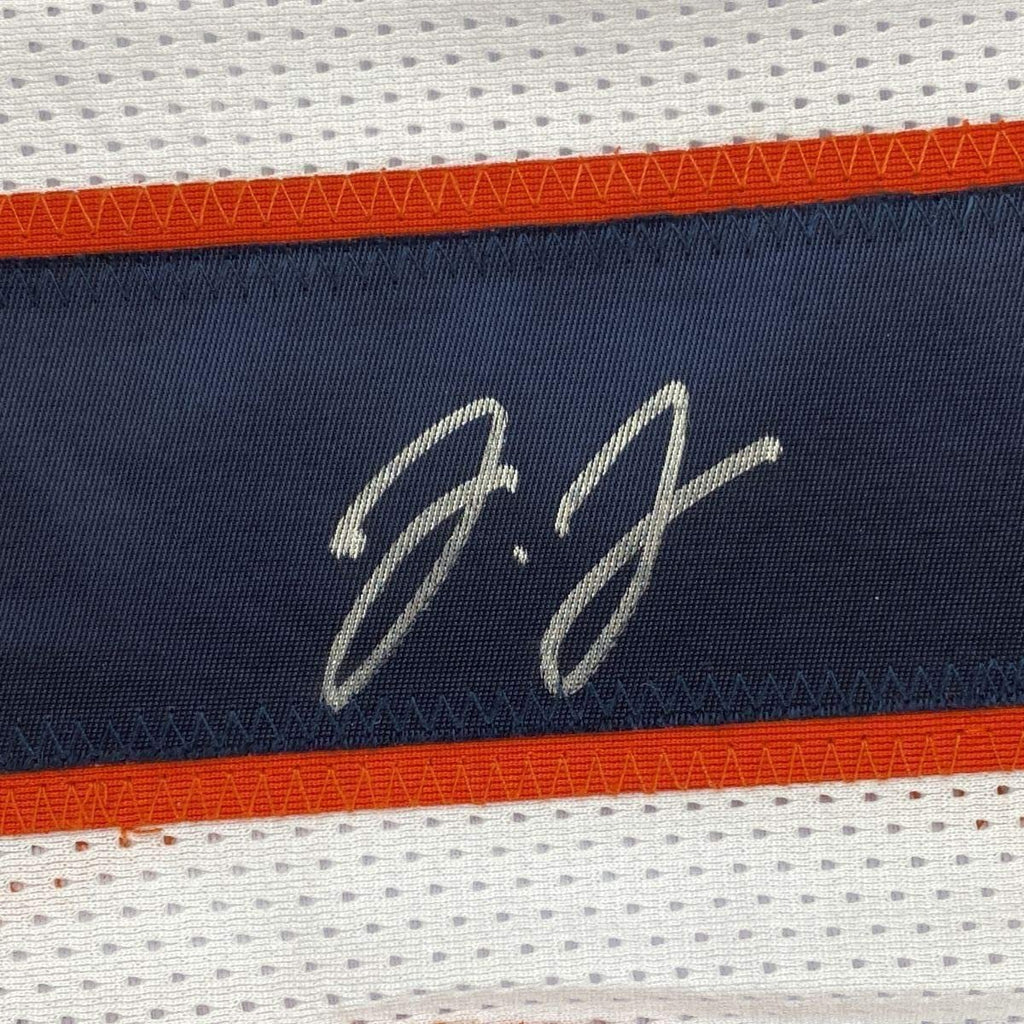 Framed Autographed/Signed Jerry Jeudy 35x39 Denver White Football Jersey JSA COA