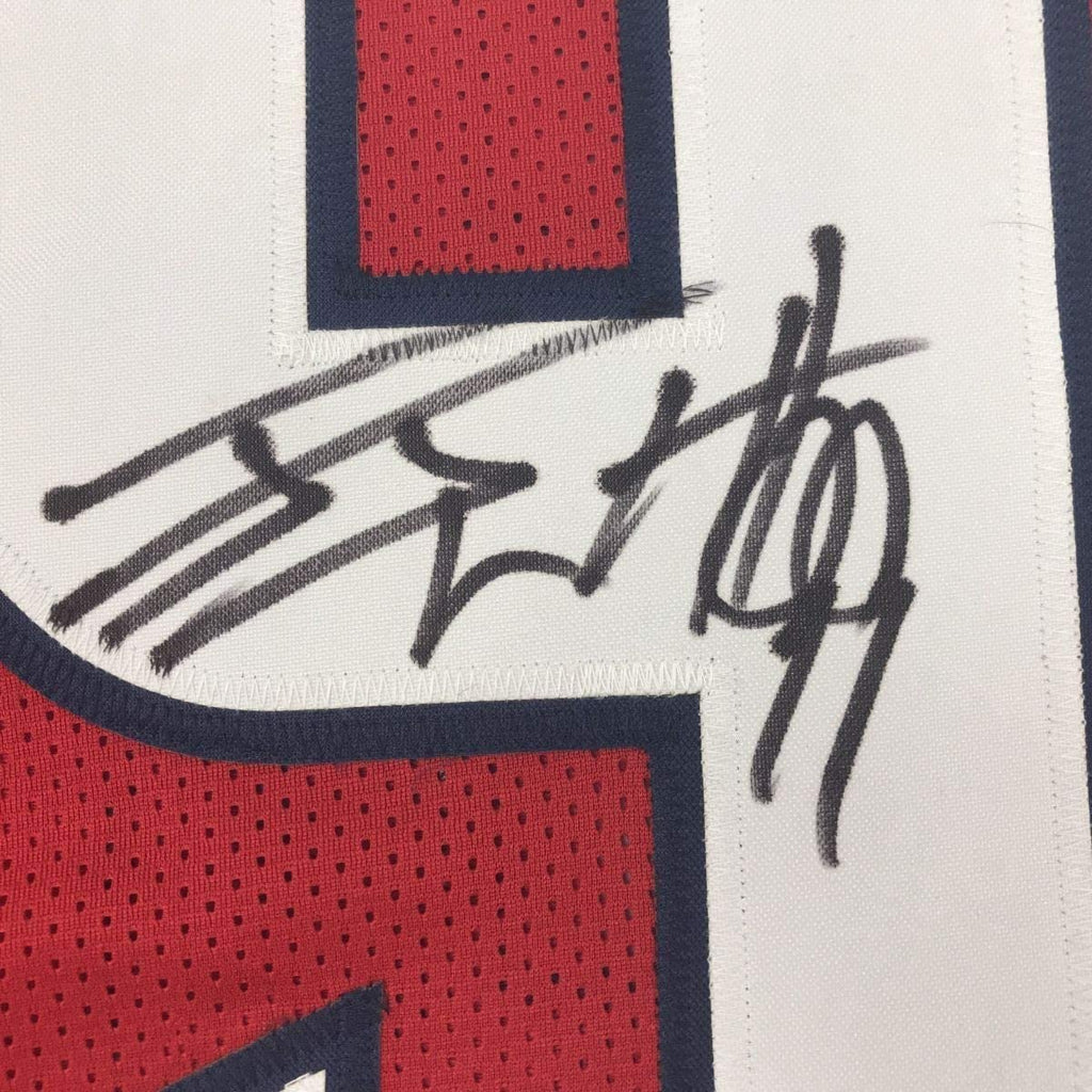 Framed Autographed/Signed J.J. JJ Watt 35x39 Houston Red Football Jersey JSA COA