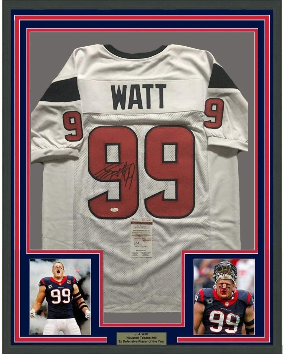 Framed Autographed/Signed J.J. JJ Watt 35x39 Houston White Football Jersey JSA COA