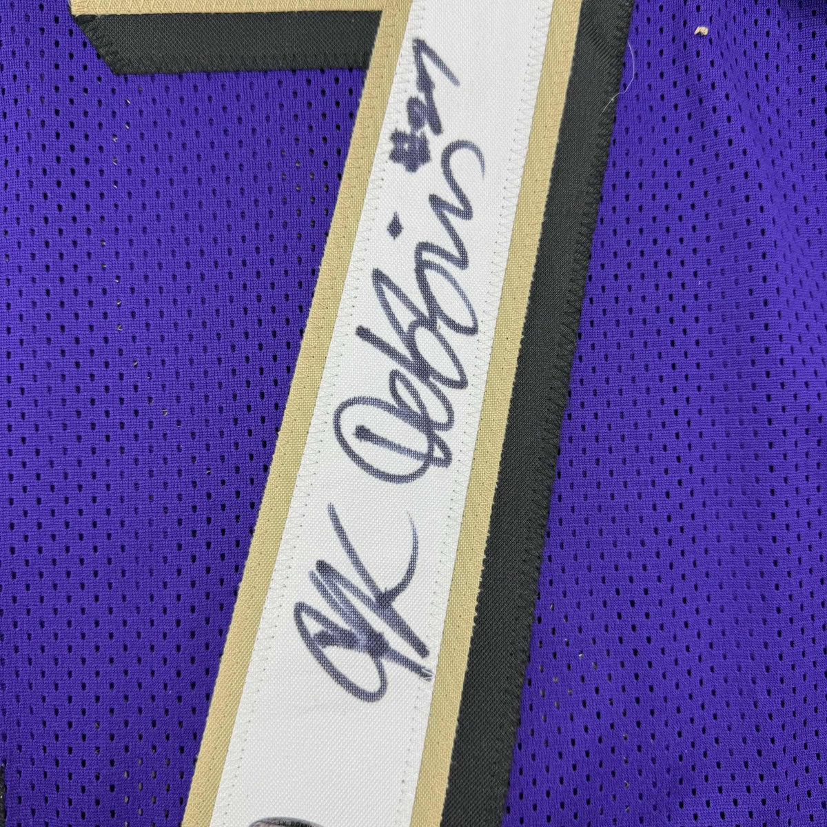 Framed Autographed/Signed J.K. Dobbins 35x39 Baltimore Purple Football Jersey JSA COA
