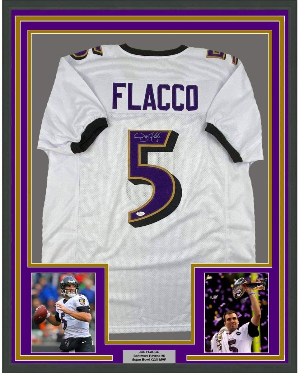 Framed Autographed/Signed Joe Flacco 35x39 Baltimore White Football Jersey JSA COA