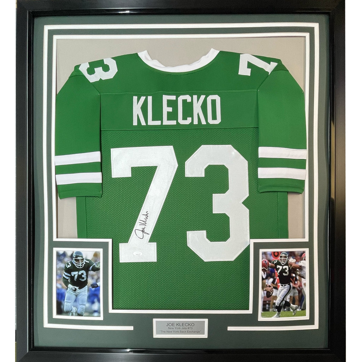 Framed Autographed/Signed Joe Klecko 35x39 New York Green Football Jersey Beckett BAS COA