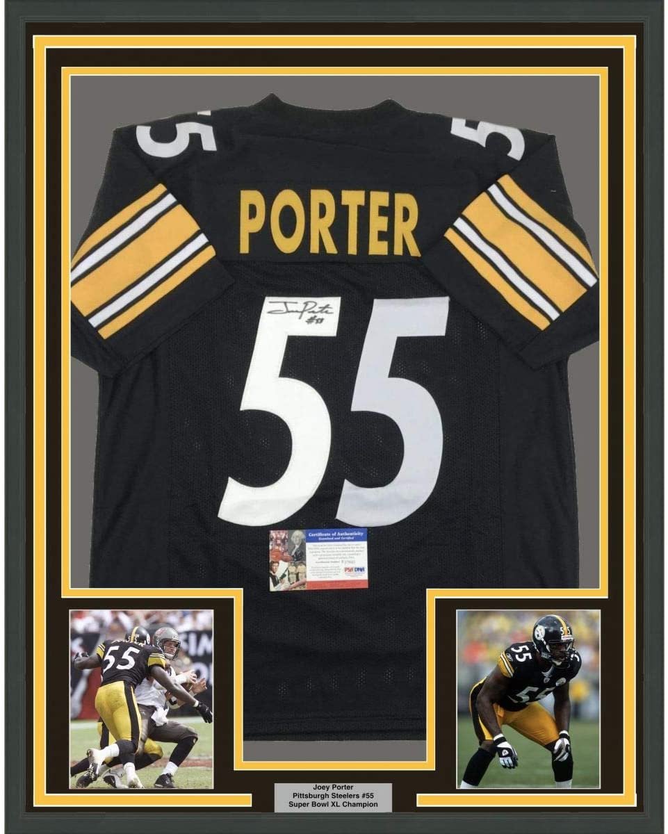 Framed Autographed/Signed Joey Porter 35x39 Pittsburgh Black Football Jersey PSA/DNA COA