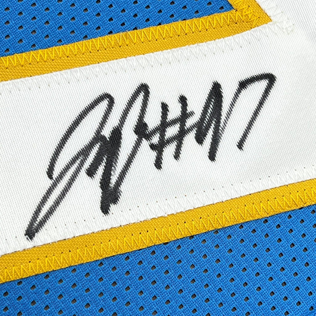 Framed Autographed/Signed Joey Bosa 35x39 #97 Los Angeles LA Powder Blue Football Jersey JSA COA