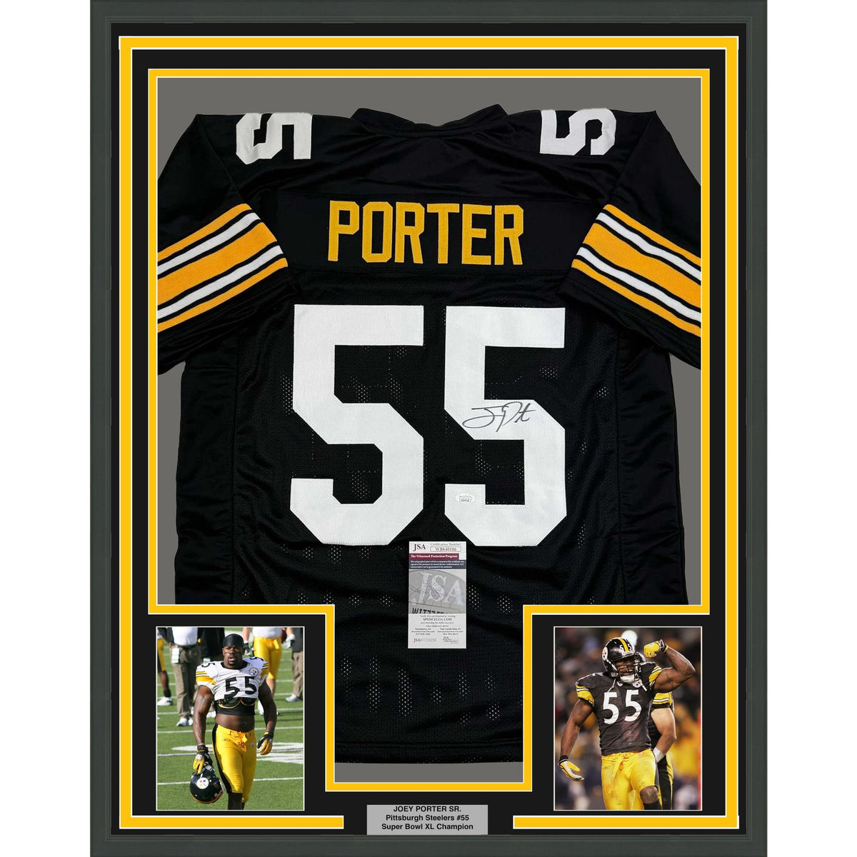 Framed Autographed/Signed Joey Porter Sr. 35x39 Pittsburgh Black Football Jersey JSA COA #2