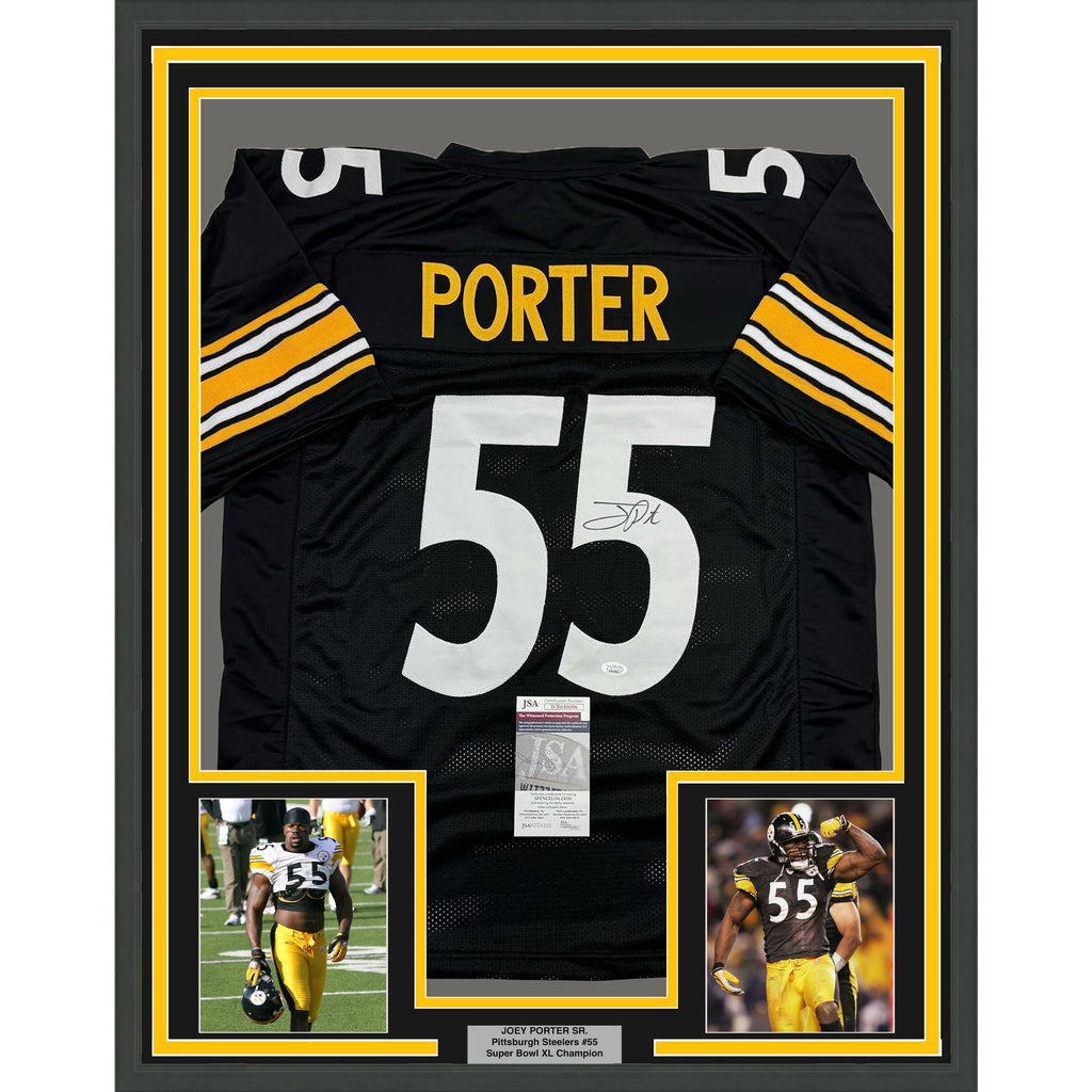 Framed Autographed/Signed Joey Porter Sr. 35x39 Pittsburgh Black Football Jersey JSA COA