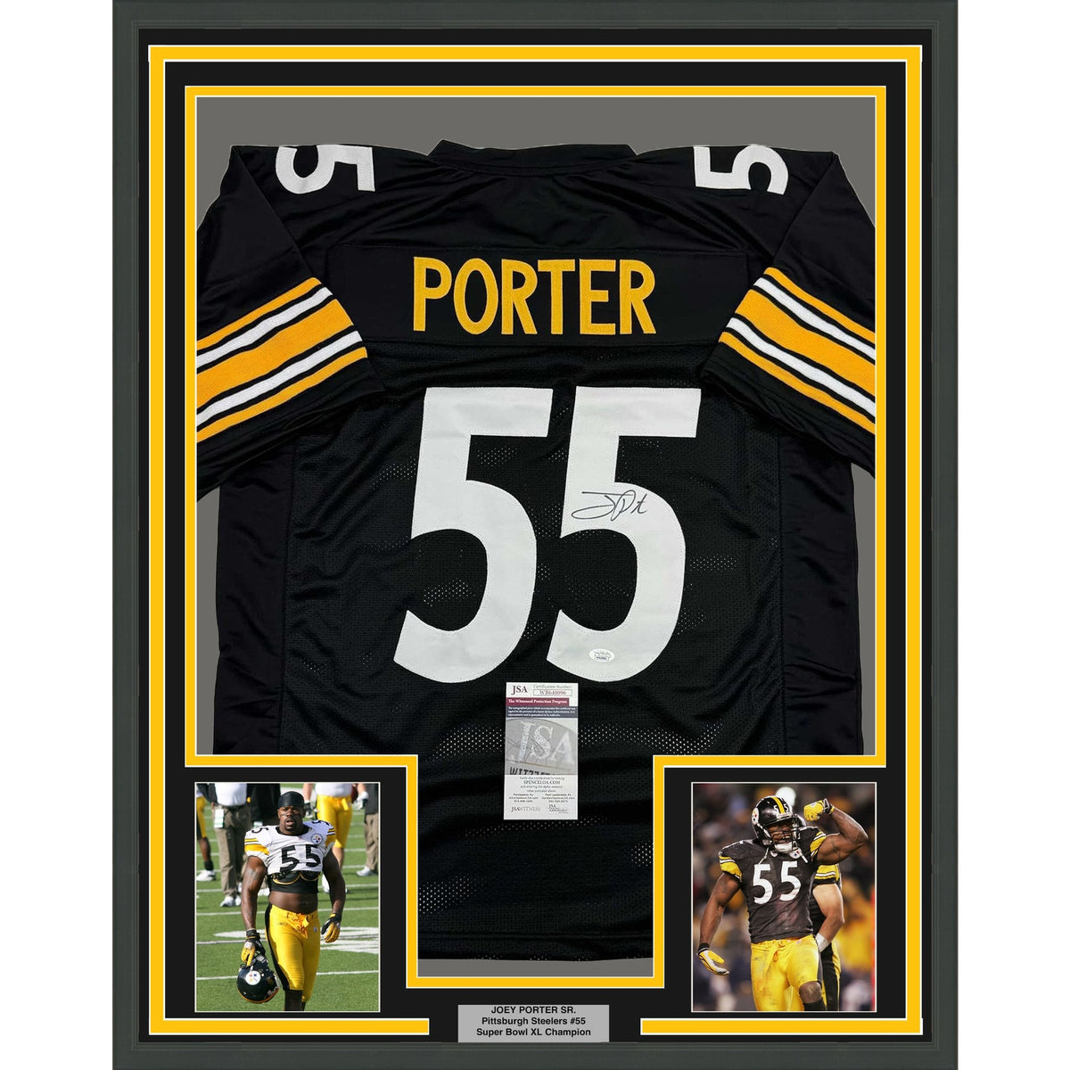 Framed Autographed/Signed Joey Porter Sr. 35x39 Pittsburgh Black Football Jersey JSA COA