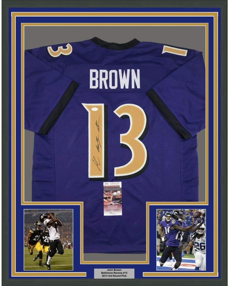 Framed Autographed/Signed John Brown 35x39 Baltimore Color Rush Football Jersey JSA COA