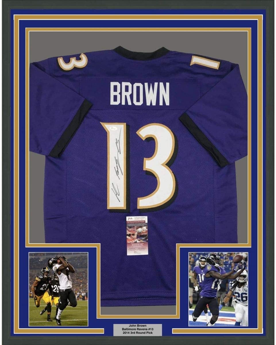 Framed Autographed/Signed John Brown 35x39 Baltimore Purple Football Jersey JSA COA