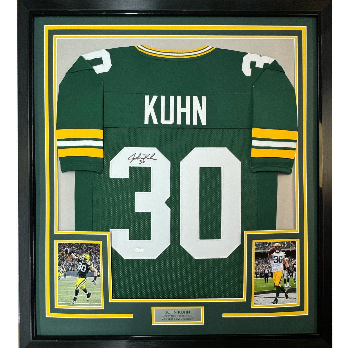Framed Autographed/Signed John Kuhn 35x39 Green Bay Green Football Jersey PSA/DNA COA
