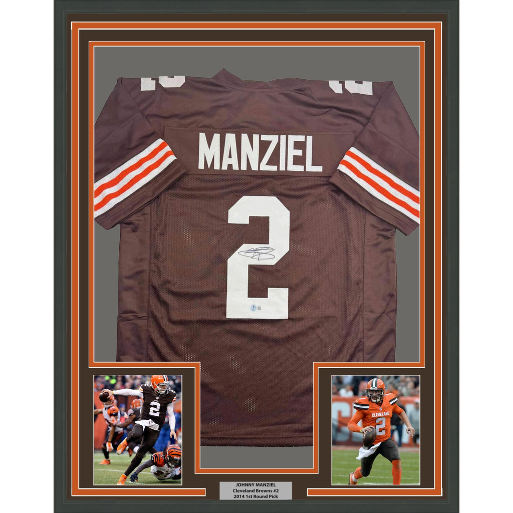 Framed Autographed/Signed Johnny Manziel 35x39 Cleveland Football Brown Jersey Beckett BAS COA