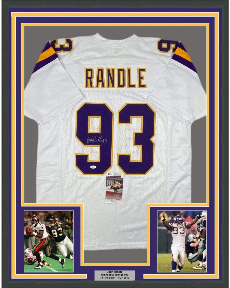 Framed Autographed/Signed John Randle 35x39 Minnesota White Football Jersey JSA COA