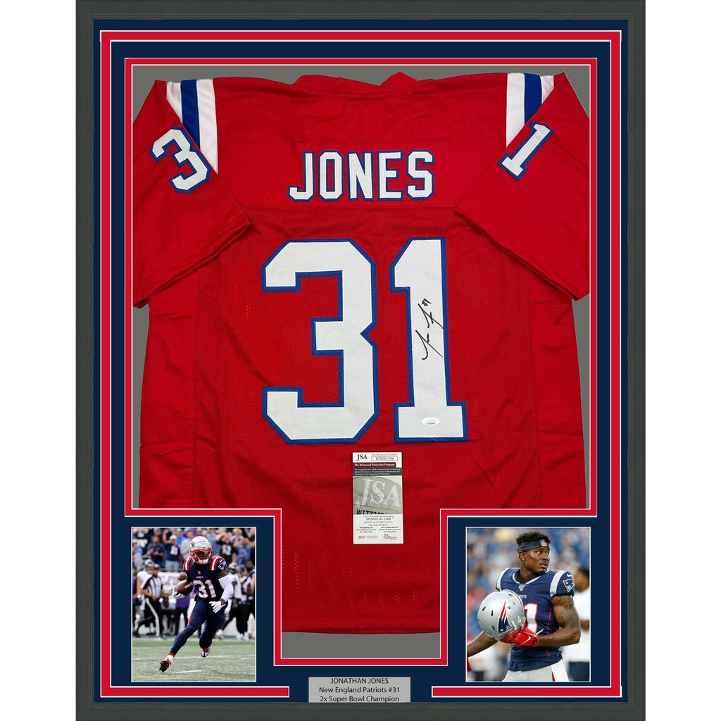 Framed Autographed/Signed Jonathan Jones 35x39 New England Red Football Jersey JSA COA