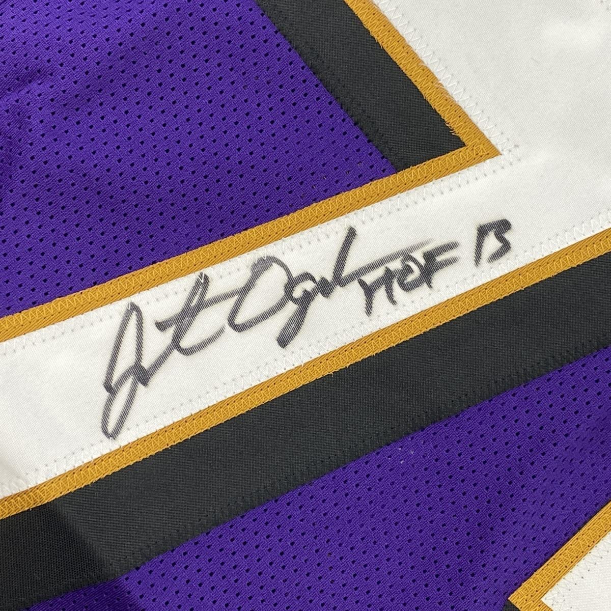 Framed Autographed/Signed Jonathan Ogden 35x39 HOF 13 Baltimore Purple Football Jersey JSA COA