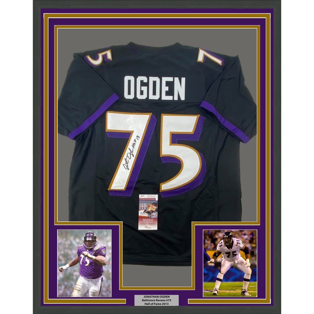 Framed Autographed/Signed Jonathan Ogden 35x39 HOF 13 Baltimore Black Football Jersey JSA COA