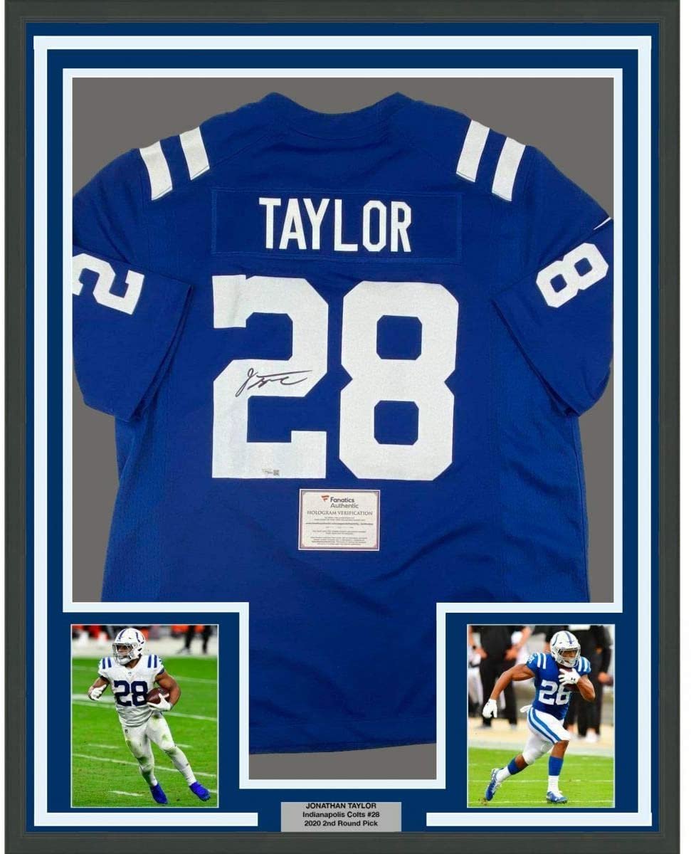 Framed Autographed/Signed Jonathan Taylor 35x39 Indianapolis Colts Blue Nike Game Football Jersey Fanatics COA