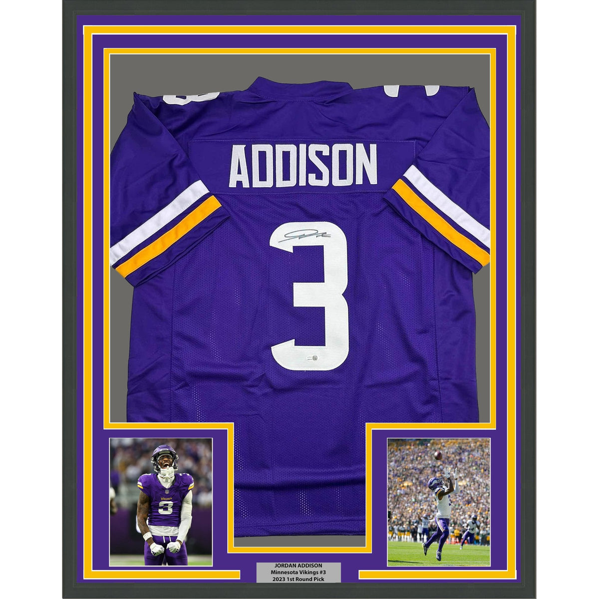 Framed Autographed/Signed Jordan Addison 35x39 Minnesota Purple Football Jersey JSA COA