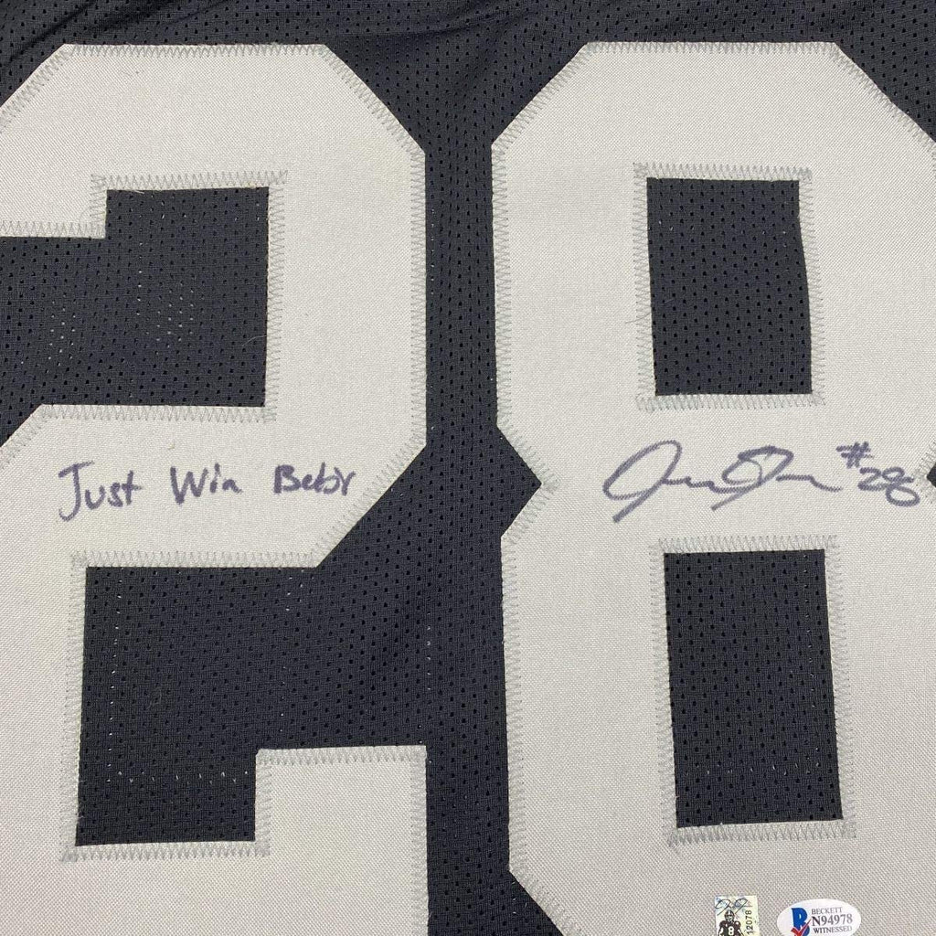 Framed Autographed/Signed Josh Jacobs Just Win Baby 35x39 Las Vegas Oakland Black Football Jersey Beckett BAS COA