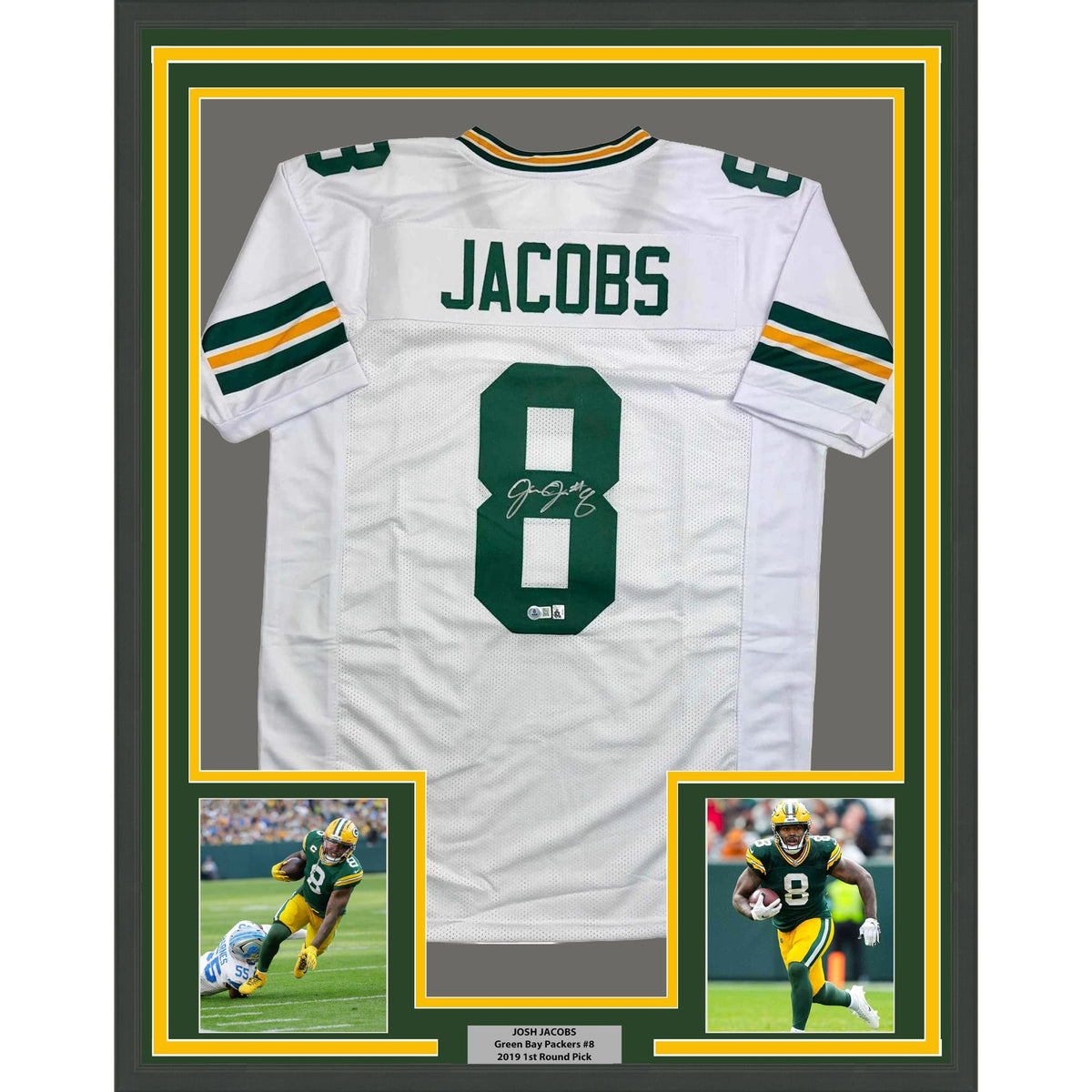 Framed Autographed/Signed Josh Jacobs 35x39 Green Bay White Football Jersey Beckett BAS COA